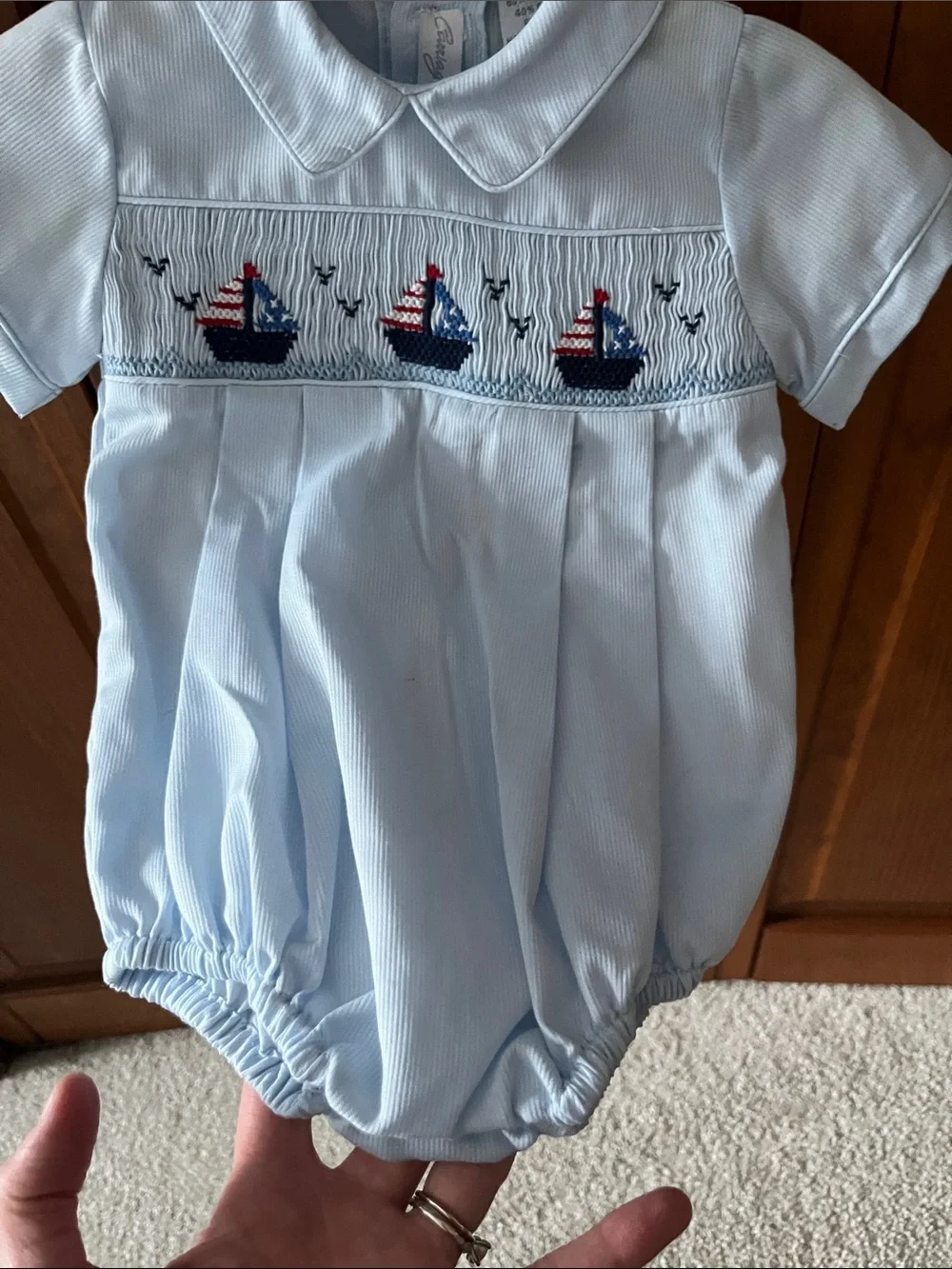 Carriage Boutique Light Blue Smocked Collar Dress with Nautical Embroidery